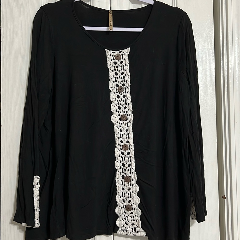 MOA USA Black Top Blouse Lace Front & Sleeve Long Sleeve - Picture 2 of 7